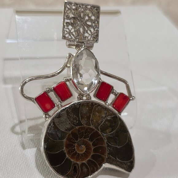 Vintage Ammonite Shell Red Coral Clear Gemstone Handmade Sterling Silver Pendant - Picture 2 of 12